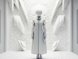 un futurista hembra maniquí en un blanco vestir y máscara soportes en un futurista blanco habitación interior simétrico composición creado con generativo ai tecnología foto