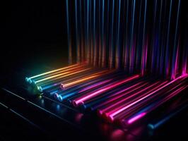 Neon lights wavy lines on dark background Created with technology. photo