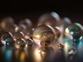 Iridescent pearl spheres on a dark background Liquid dynamic shapes Created with technology. photo