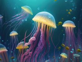 Jellyfish swims in the ocean sea created with technology photo
