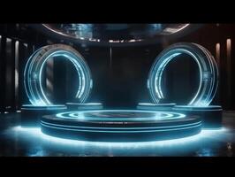 Fantastic Circle holograms magic portals. Futuristic round stage with neon lights. Glowing round stage on a dark background. Created with technology photo