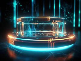 Fantastic Circle holograms magic portals. Futuristic round stage with neon lights. Glowing round stage on a dark background. Created with technology photo