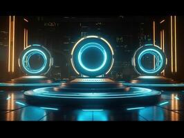 Fantastic Circle holograms magic portals. Futuristic round stage with neon lights. Glowing round stage on a dark background. Created with technology photo
