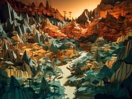 Colorful paper cut terrain mountains background created with technology. photo