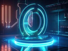 Fantastic Circle holograms magic portals. Futuristic round stage with neon lights. Glowing round stage on a dark background. Created with technology photo