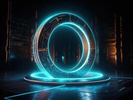 Fantastic Circle holograms magic portals. Futuristic round stage with neon lights. Glowing round stage on a dark background. Created with technology photo