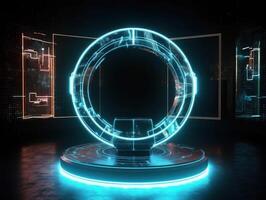 Fantastic Circle holograms magic portals. Futuristic round stage with neon lights. Glowing round stage on a dark background. Created with technology photo