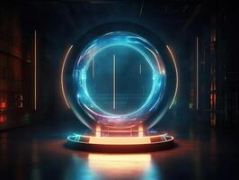 Fantastic Circle holograms magic portals. Futuristic round stage with neon lights. Glowing round stage on a dark background. Created with technology photo