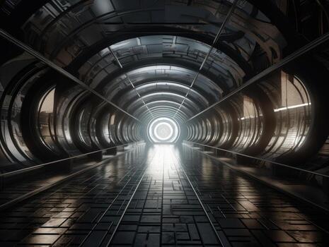 Abstract futuristic tunnel corridor with glowing lights and reflections Science fiction style Created with technology photo
