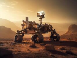 Rover on Mars surface. Exploration of red planet. Created with technology. photo