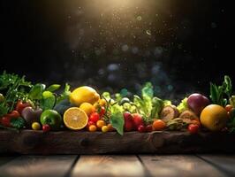 Fresco frutas y vegetales en de madera mesa creado con generativo ai tecnología foto