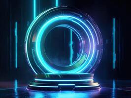 Fantastic Circle holograms magic portals. Futuristic round stage with neon lights. Glowing round stage on a dark background. Created with technology photo