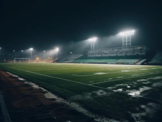 Football stadium with bright lights and seats Created with technology