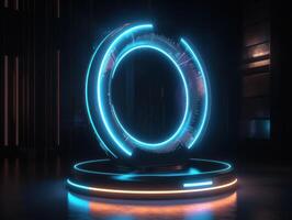 Fantastic Circle holograms magic portals. Futuristic round stage with neon lights. Glowing round stage on a dark background. Created with technology photo