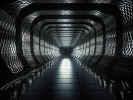 Abstract futuristic tunnel corridor with glowing lights and reflections Science fiction style Created with technology photo