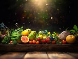 Fresh fruits and vegetables on wooden table Created with technology photo