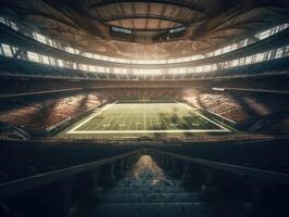 fútbol americano estadio con brillante luces y asientos creado con generativo ai tecnología foto