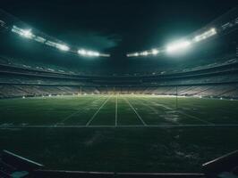 fútbol americano estadio con brillante luces y asientos creado con generativo ai tecnología foto