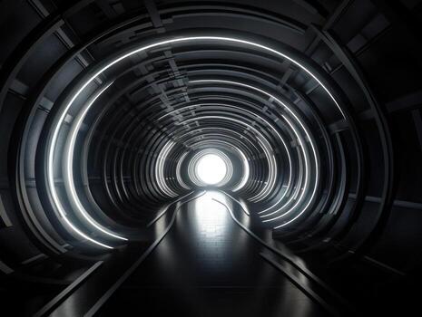 Abstract futuristic tunnel corridor with glowing lights and reflections Science fiction style Created with technology photo
