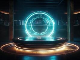 Fantastic Circle holograms magic portals. Futuristic round stage with neon lights. Glowing round stage on a dark background. Created with technology photo