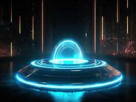 Fantastic Circle holograms magic portals. Futuristic round stage with neon lights. Glowing round stage on a dark background. Created with technology photo