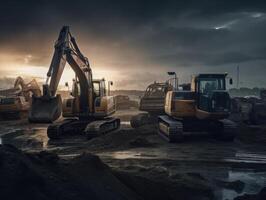 excavadoras trabajando en construcción sitio a noche. pesado maquinaria trabajando en construcción sitio a noche creado con generativo ai tecnología. foto