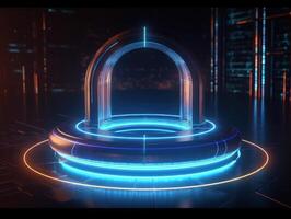 Fantastic Circle holograms magic portals. Futuristic round stage with neon lights. Glowing round stage on a dark background. Created with technology photo