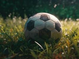 Soccer ball on green grass Created with technology photo