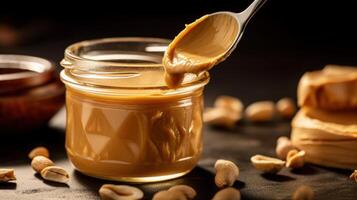 Spoon and glass jar with creamy peanut butter Illustration photo