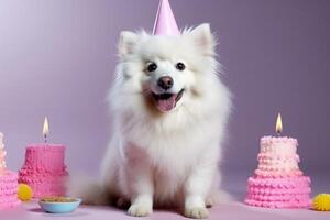 linda cumpleaños perro con pastel. ilustración ai generativo foto