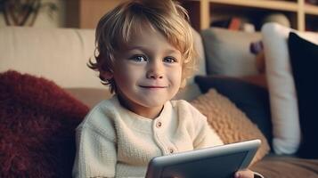 Little boy with tablet pc. Illustration photo