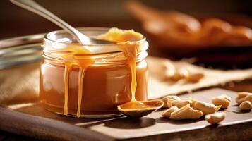 Spoon and glass jar with creamy peanut butter Illustration photo