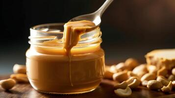 Spoon and glass jar with creamy peanut butter Illustration photo