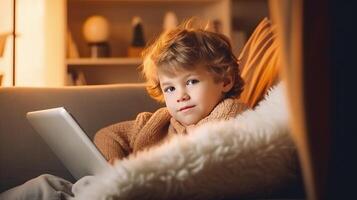 Little boy with tablet pc. Illustration photo