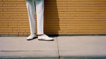 Stylish man in white shoes on city street Illustration photo