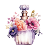 Watercolor perfume bottle with flowers. Illustration png