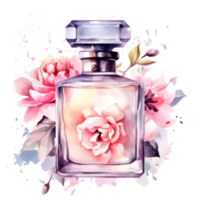 Watercolor perfume bottle with flowers. Illustration png