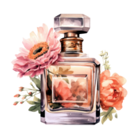 Watercolor perfume bottle with flowers. Illustration png