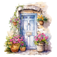 Cozy door with flowers watercolor. Illustration png