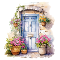 acolhedor porta com flores aquarela. ilustração ai generativo png