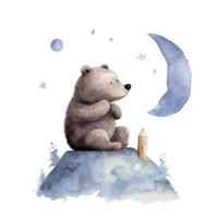 süß Aquarell Nacht Bär und Mond. Illustration ai generativ png