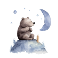 Cute watercolor night bear and moon. Illustration png