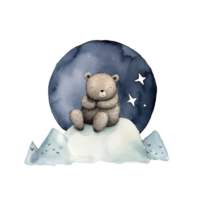 Cute watercolor night bear and moon. Illustration png