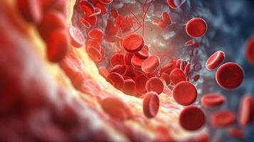 sangre coágulo o trombo bloqueo el rojo sangre células corriente dentro un artería. ilustración ai generativo foto