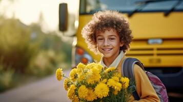 Schoolboy goes to school with a bouquet of flowers. Illustration photo