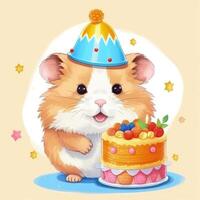 Cute Birthday hamster with cake. Illustration photo