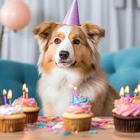 linda cumpleaños perro con pastel. ilustración ai generativo foto
