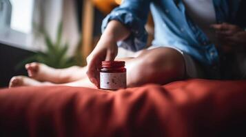 mujer aplicando cuerpo crema en pierna en dormitorio. ilustración ai generativo foto