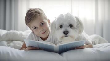 niño lee libro con perro. ilustración ai generativo foto