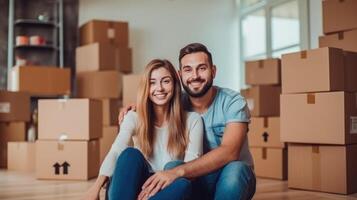 joven contento Pareja en habitación con Moviente cajas en nuevo hogar. ilustración ai generativo foto